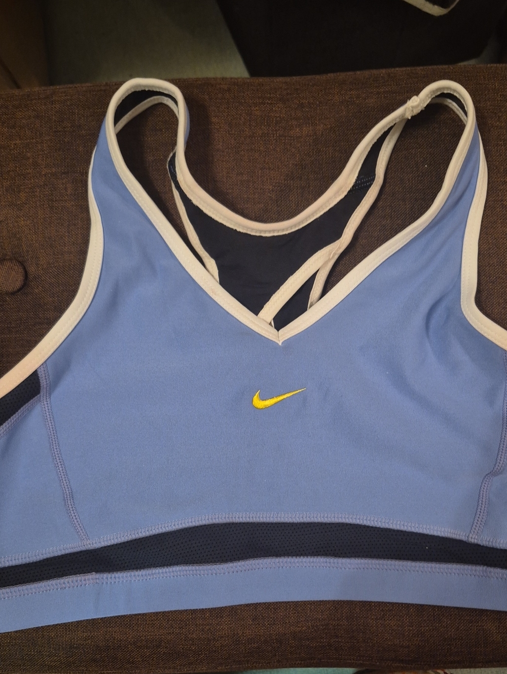 Nike Light Blue Sports Bra with Cream Trim and Yellow Swoosh